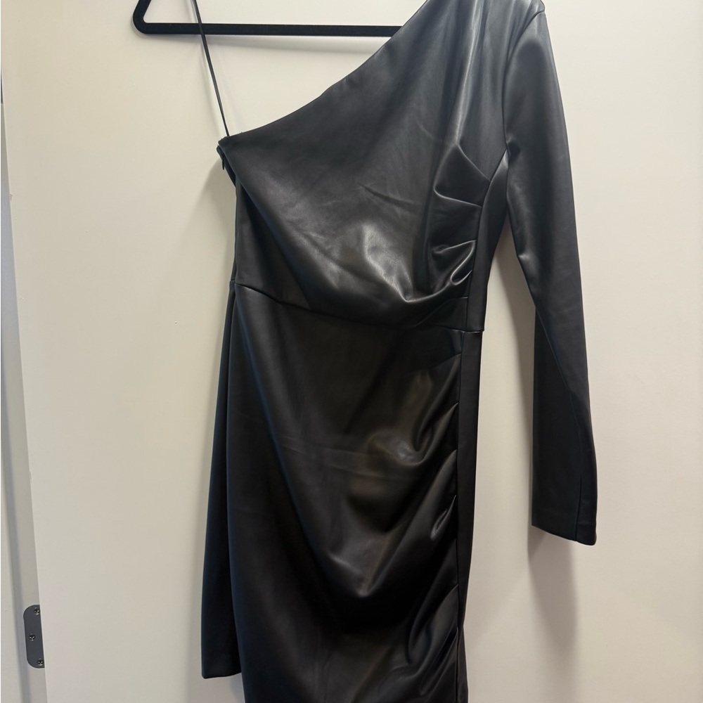 Express Black Faux Leather One-Shoulder Dress